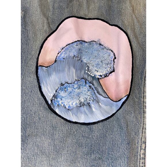 J.Crew Indigo Denim Jacket Size M Hand-Painted Custom Back Distressed Light Wash - Picture 8 of 8